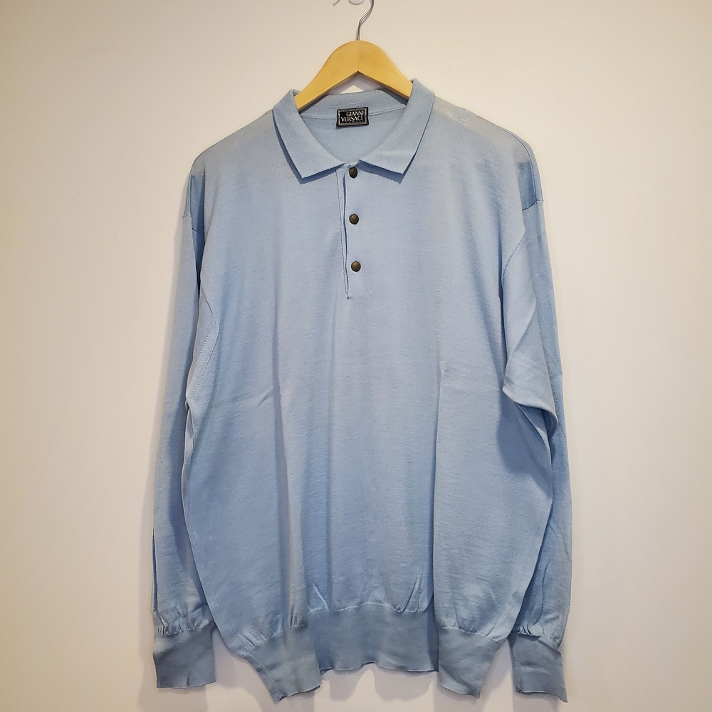 Vintage Versace Size 54 Light Blue Cashmere Silk Wool Long Sleeve Shirt